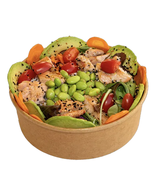 Bowl mit Lachs, Avocado, Edamame, Tomaten und Sesam